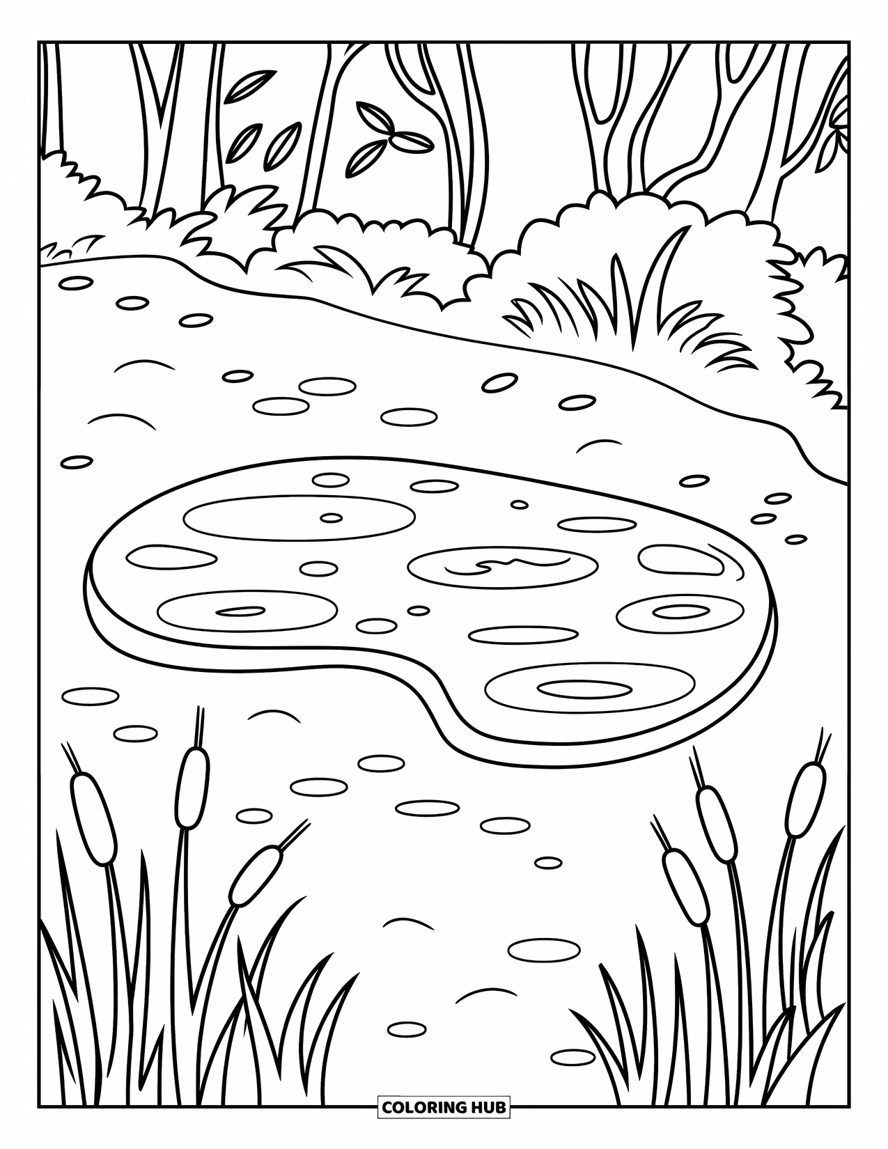 Pond Coloring Page for Kids: A quiet path leads to a bean-shaped pond with cattails and leafy trees
