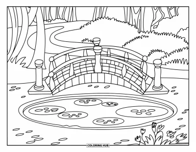 Coloriage d'étang pour enfants : Un pont à rambarde s'étend sur un étang rempli de nénuphars avec un sentier forestier sinueux