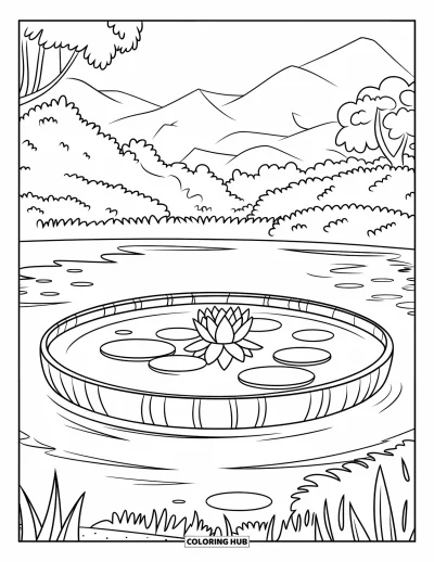 Coloriage d'étang pour enfants : Un étang rond avec un nénuphar flotte doucement sous des arbres et des montagnes