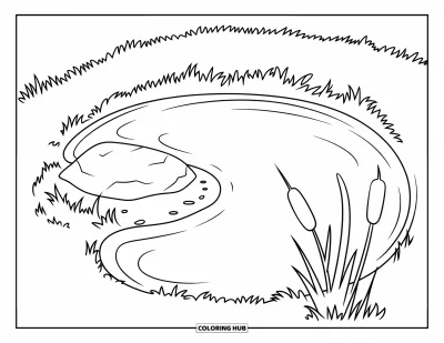 Coloriage d'étang pour enfants : Un étang rond avec des massettes et un rocher repose tranquillement dans un champ herbeux