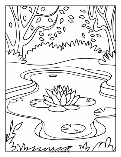 Coloriage d'étang pour enfants : Un seul nénuphar flotte sur un étang ondulant au bord d'arbres aux grandes feuilles simples