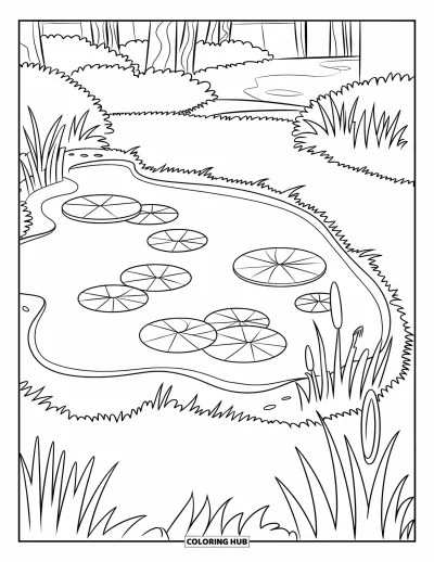 Coloriage d'étang pour enfants : Un petit étang avec des nénuphars reflète le ciel, bordé de roseaux et d'un chemin
