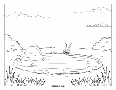 Coloriage d'étang pour enfants : Un ciel ensoleillé brille sur un étang rond avec des massettes et un rocher à proximité