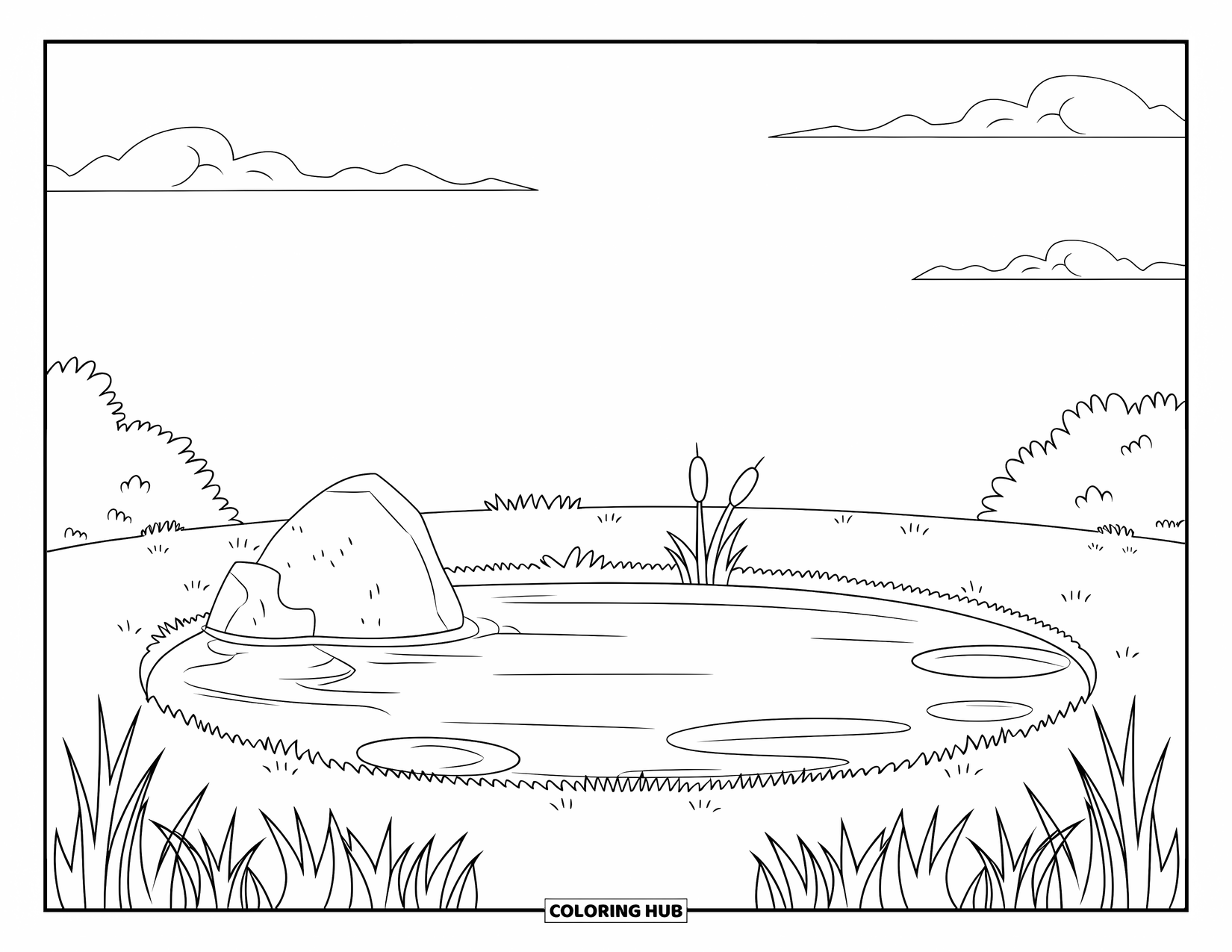 Pond Coloring Page for Kids: A sunny sky shines over a round pond with cattails and a nearby rock