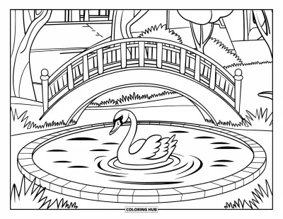 Coloriage d'étang pour enfants : Un cygne flotte dans un étang ovale sous un pont courbé près d'arbres et de bâtiments