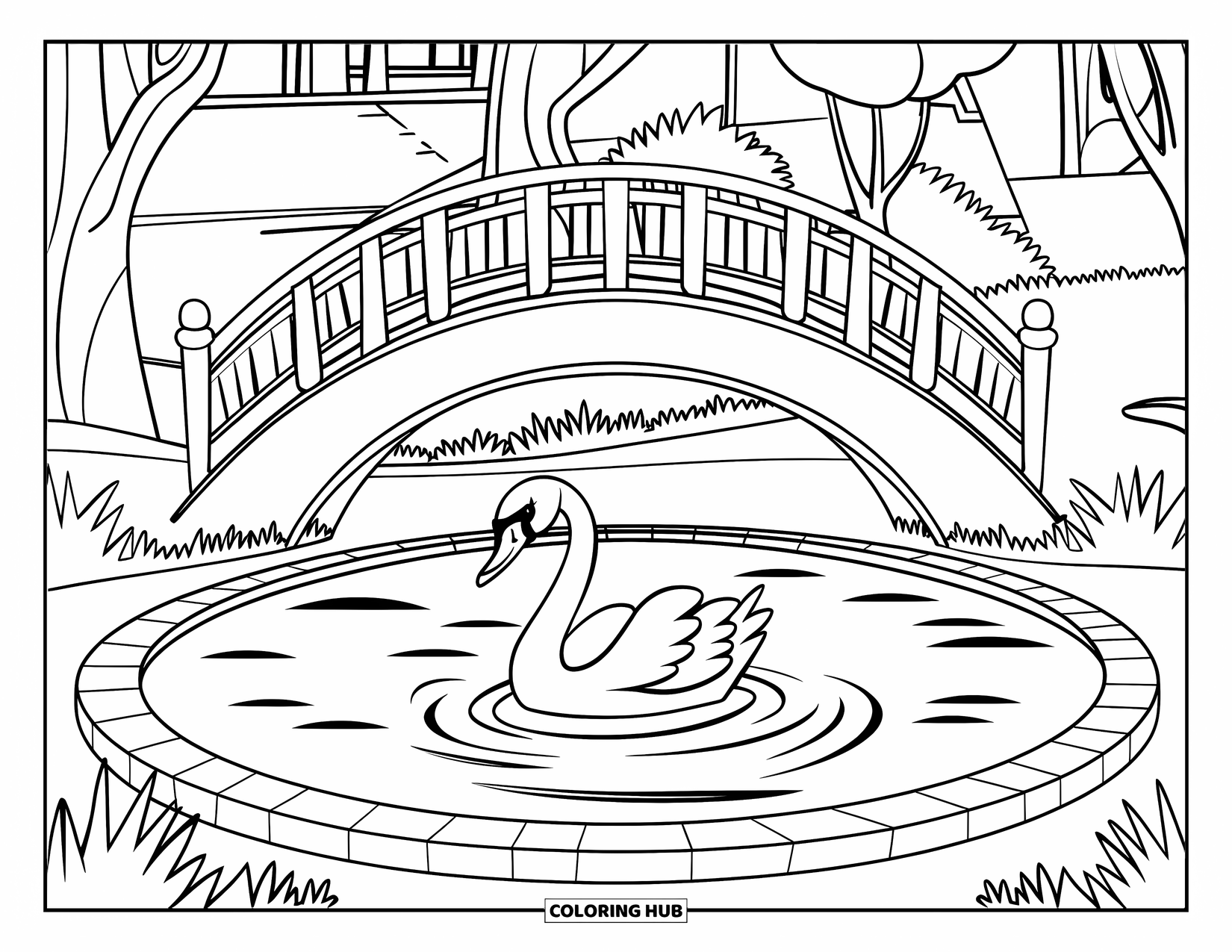 Pond Coloring Page for Kids: A swan floats in an oval pond under a curved bridge near trees and buildings