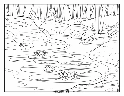 Coloriage d'étang pour enfants : Un étang sinueux avec des nénuphars et des arbres crée une atmosphère forestière sereine