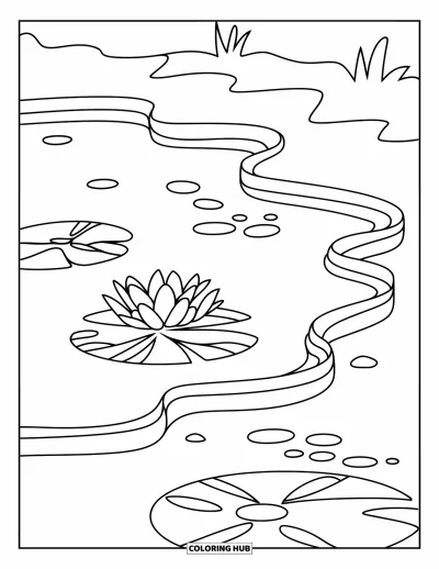 Coloriage d'étang pour enfants : Un étang ondulant avec un seul nénuphar se reflète doucement avec plein d'espace pour colorier