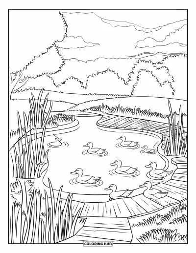 Coloriage d'étang pour enfants : Une promenade en bois longe un étang où des canards nagent et se reposent