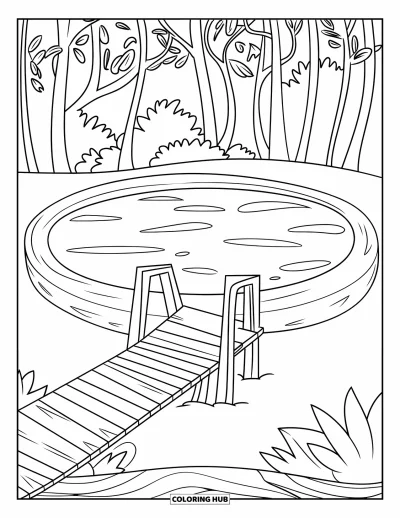 Coloriage d'étang pour enfants : Un ponton en bois s'étend sur un étang ovale profond au bord d'une grande forêt