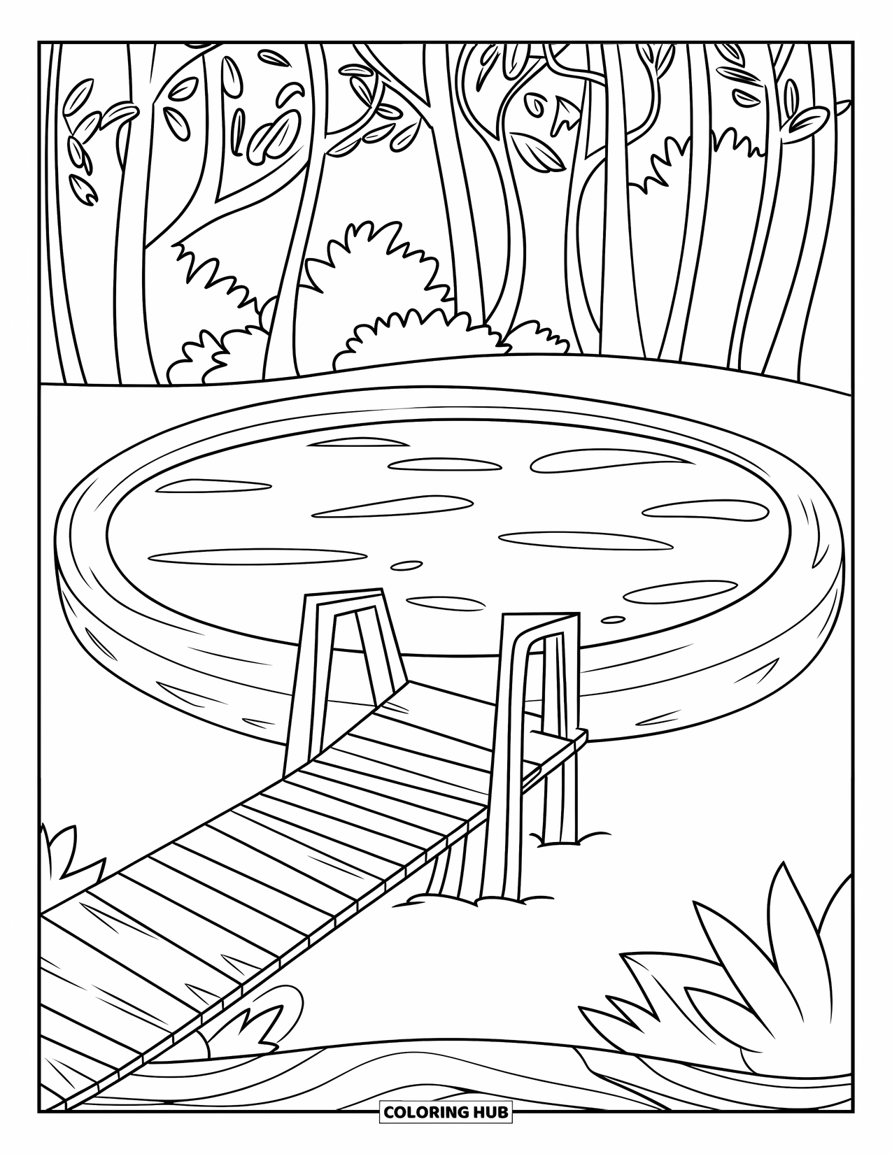 Pond Coloring Page for Kids: A wooden dock stretches over a deep oval pond beside tall forest trees