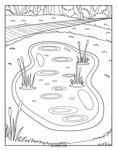 Coloriage d'étang pour enfants : Une passerelle en bois entoure un étang en forme de haricot avec des massettes et un champ herbeux