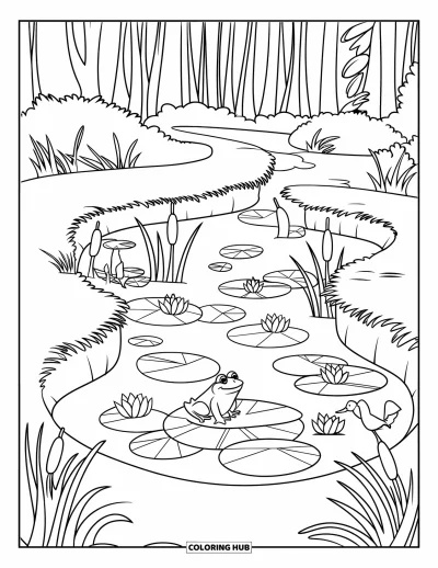 Coloriage d'étang pour enfants : Des canards et des nénuphars remplissent un étang forestier où une grenouille se repose sur une feuille
