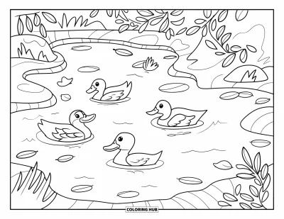 Coloriage d'étang pour enfants : Des canards flottent dans un étang douillet aux vagues douces, avec des rochers et des feuilles flottantes