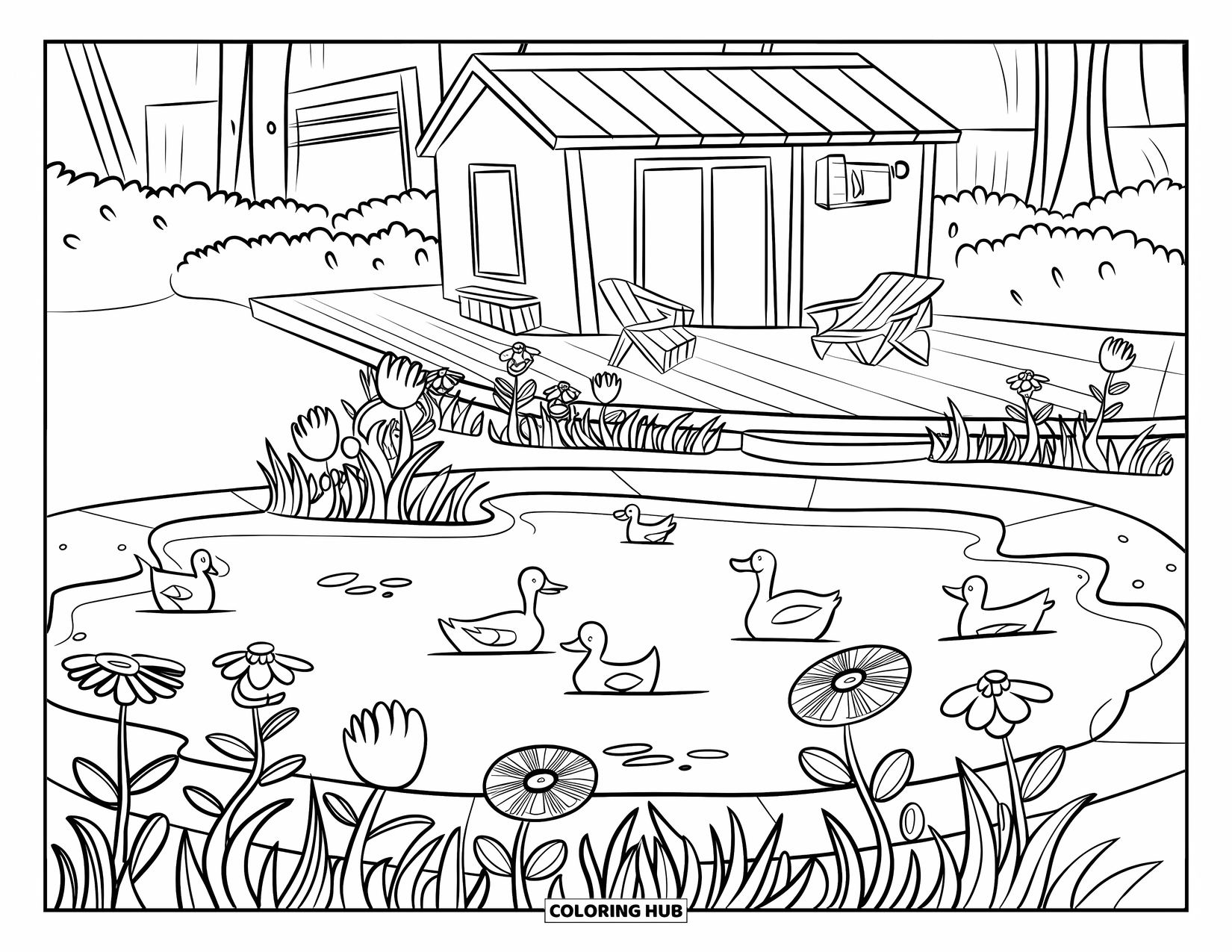 Pond Coloring Page for Kids: Ducks swim in a flower-lined pond beside a wooden deck with chairs and trees