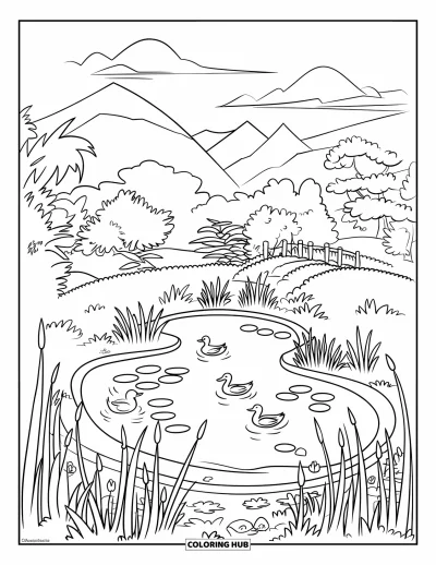 Coloriage d'étang pour enfants : Des canards nagent dans un étang herbeux avec un petit pont et une vue sur la montagne