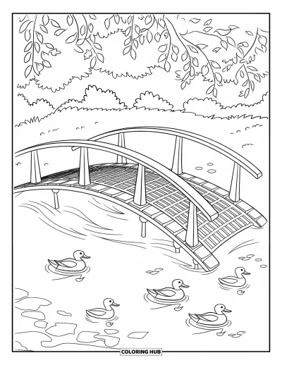 Coloriage d'étang pour enfants : Des canards nagent sous une passerelle projetant de douces ombres sur un étang paisible
