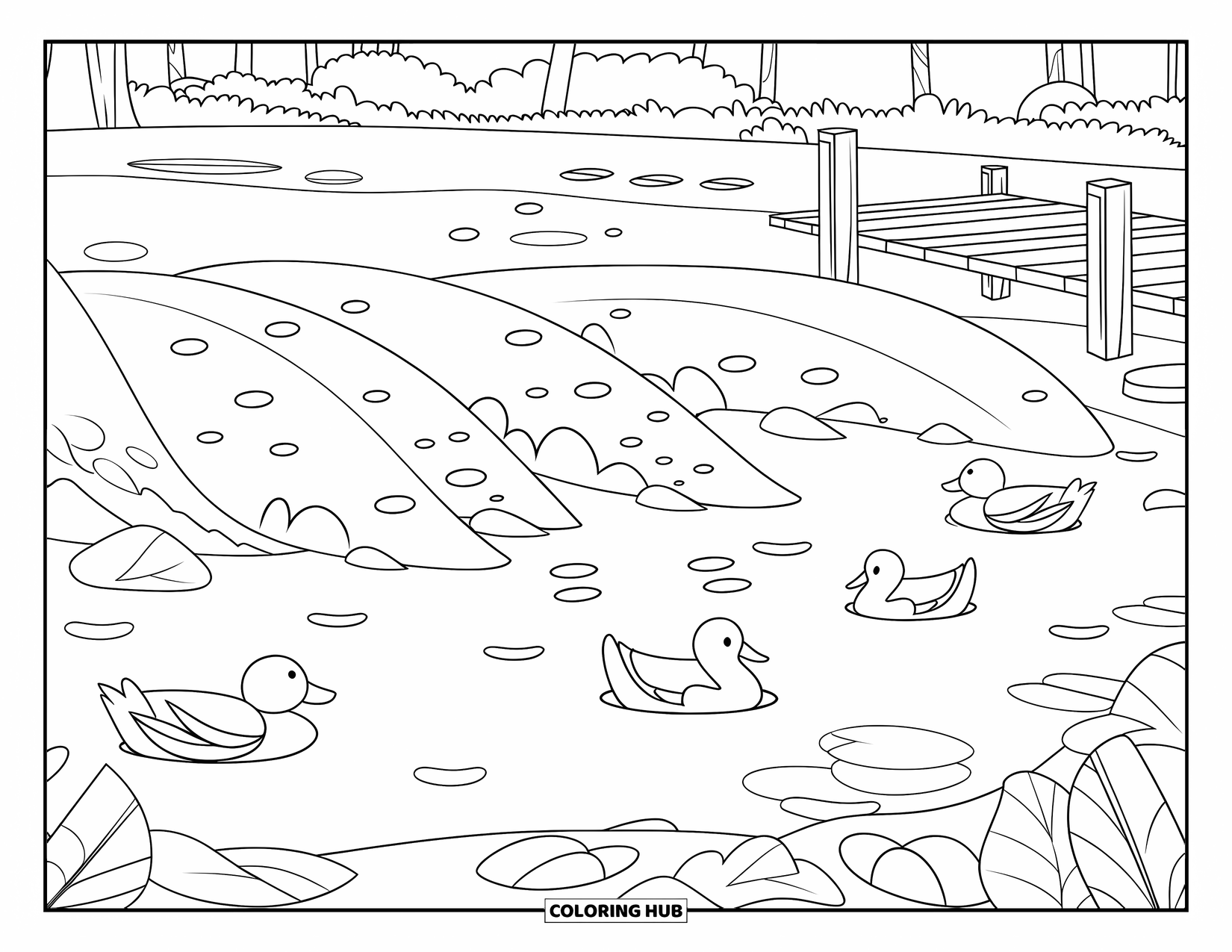 Pond Coloring Page for Kids: Floating leaves and ducks drift across a pond with a dock and leafy trees