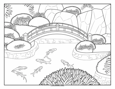 Coloriage d'étang pour enfants : Des poissons koï nagent dans un étang paisible avec un pont courbé et un décor luxuriant et rocheux