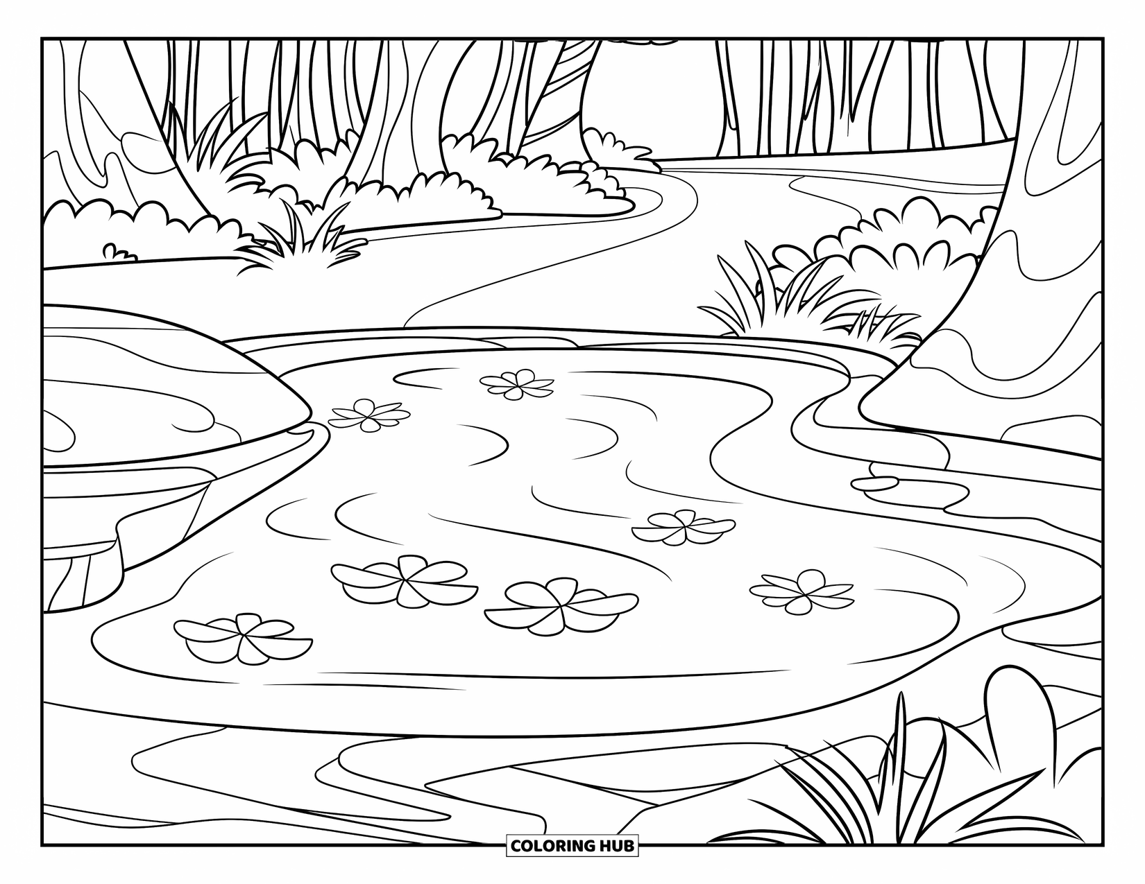 Pond Coloring Page for Kids: Leaves float in a peaceful pond surrounded by trees and a winding forest path