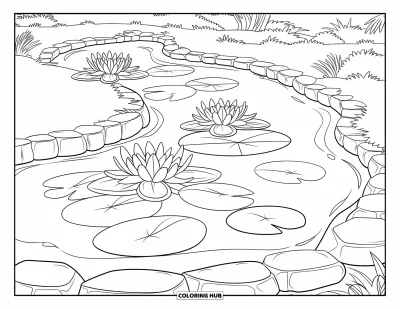 Coloriage d'étang pour enfants : Des nénuphars flottent sur un étang sinueux entouré de verdure et de pierres arrondies