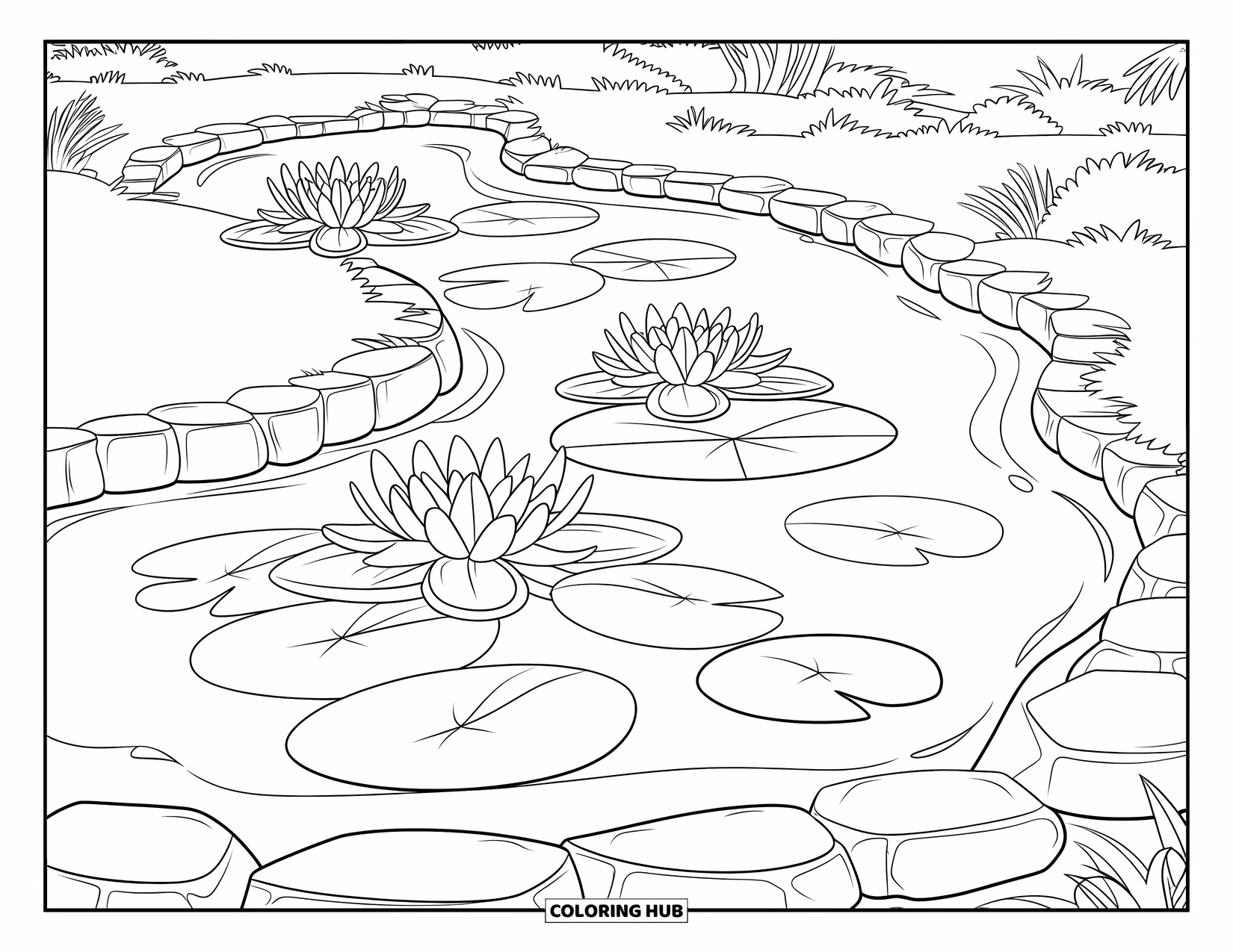 Pond Coloring Page for Kids: Lilies float on a winding pond surrounded by greenery and rounded stone edges