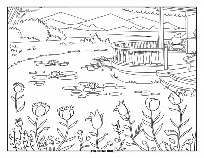 Coloriage d'étang pour enfants : Des nénuphars et des canards flottent près d'un ponton fleuri dans un étang au pied des montagnes