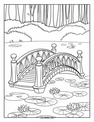Coloriage d'étang pour enfants : Des nénuphars et des fleurs flottent sous une passerelle ombragée dans un étang forestier