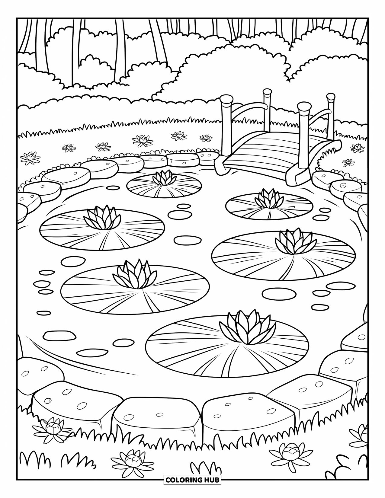 Pond Coloring Page for Kids: Lily pads float in a calm pond with flowers, trees, and a wooden bridge