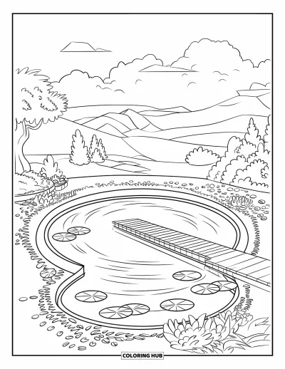 Coloriage d'étang pour enfants : Des nénuphars flottent dans un étang profond avec des bancs et des montagnes dans le lointain