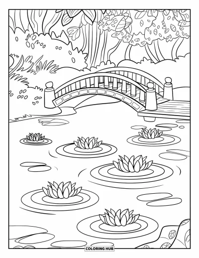 Coloriage d'étang pour enfants : Des fleurs de lotus flottent près d'un pont aux piliers de pierre dans une scène d'étang sereine