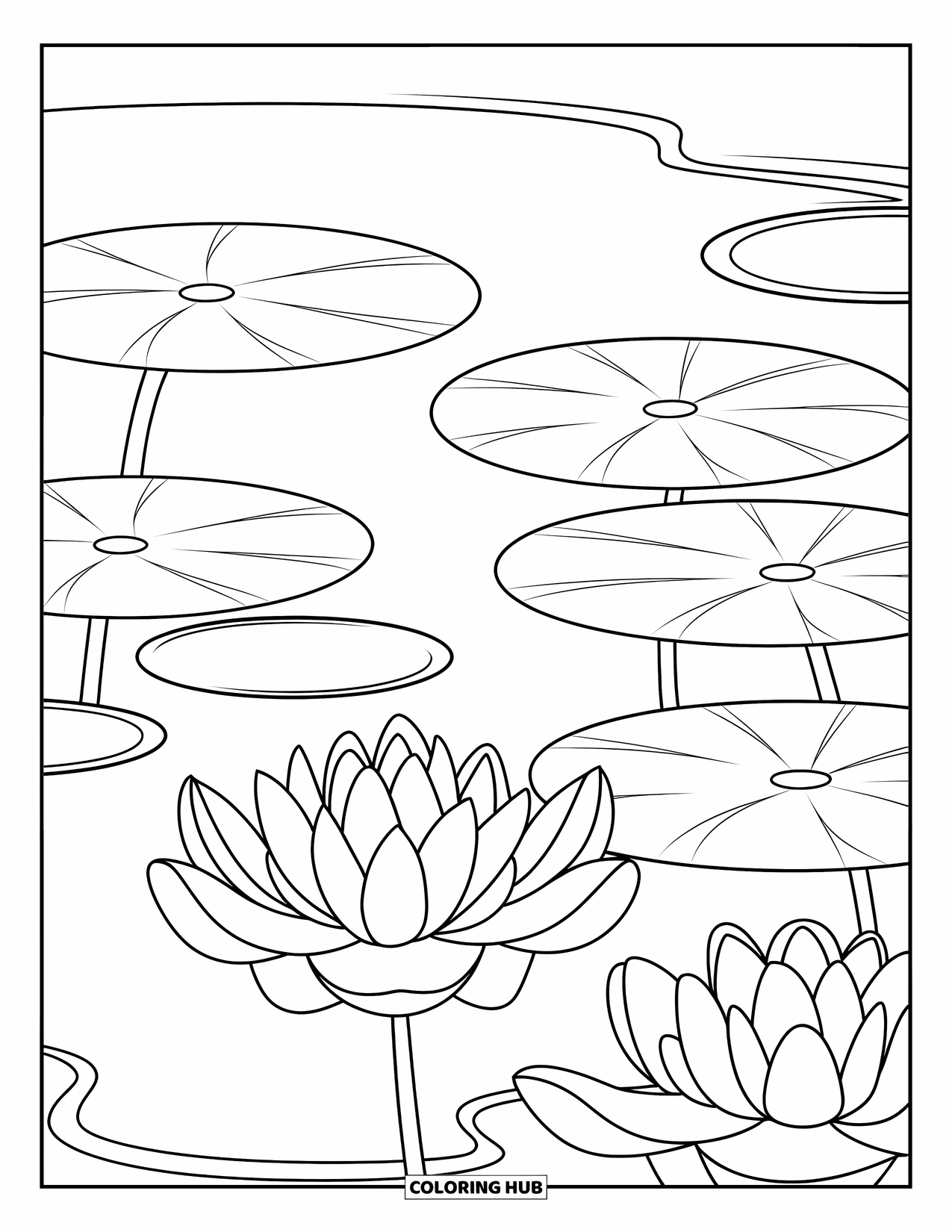Pond Coloring Page for Kids: Lotus flowers with gentle ripples float on a peaceful pond with a simple backdrop