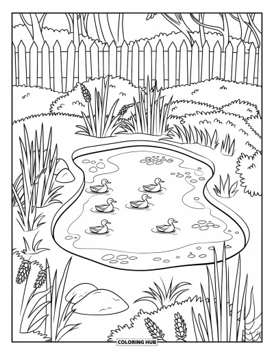 Coloriage d'étang pour enfants : Des roseaux et des canards entourent un étang bordé d'une clôture et d'arbres feuillus