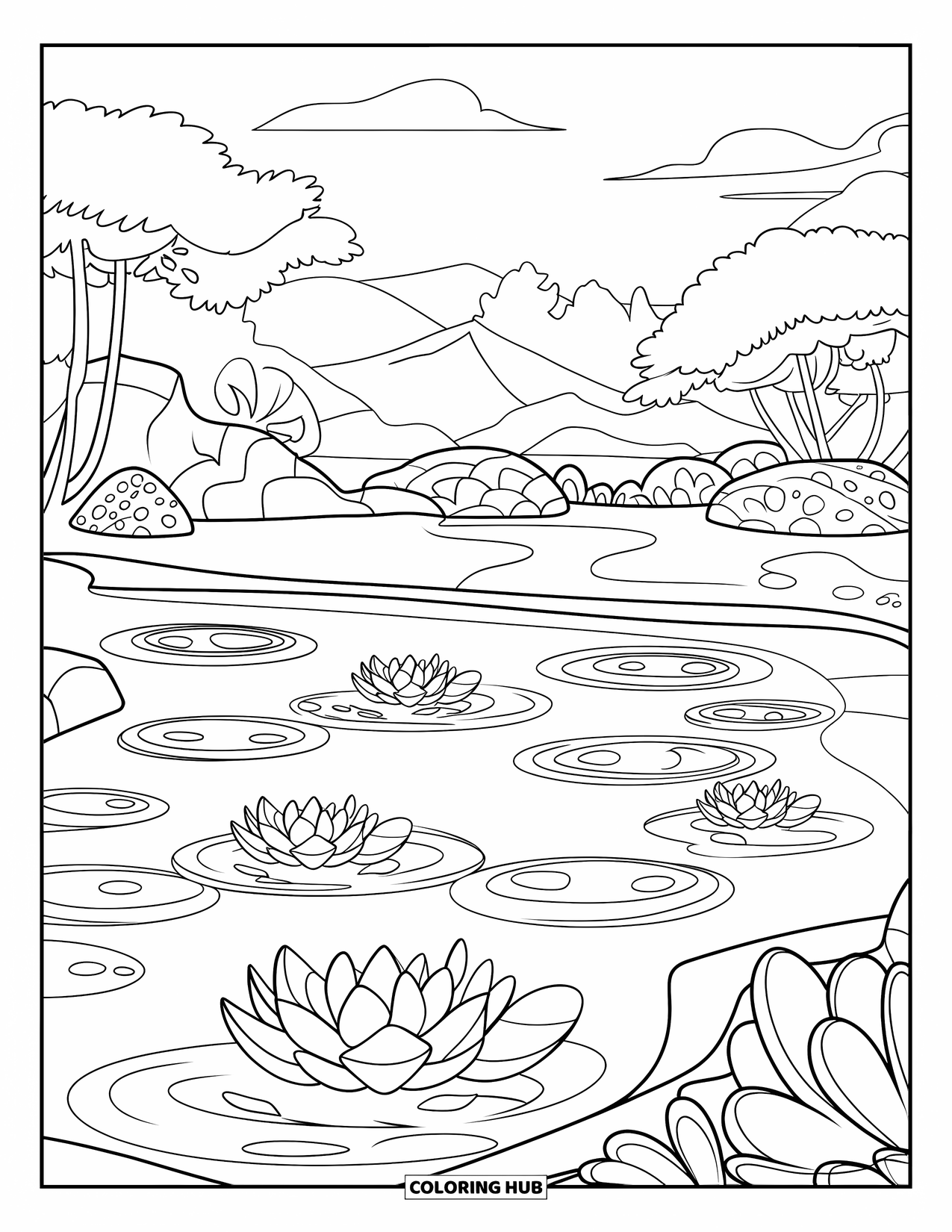 Pond Coloring Page for Kids: Ripples surround lotus flowers in a pond with rocks, trees, and distant mountains