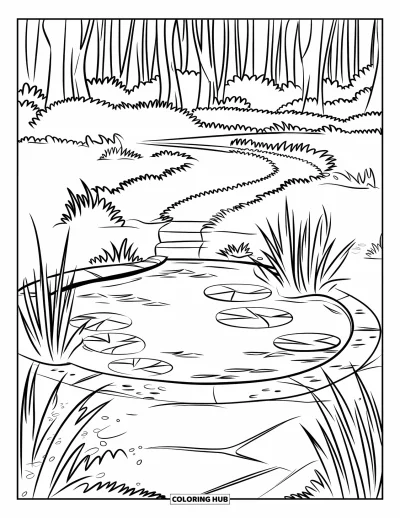 Coloriage d'étang pour enfants : Des marches mènent à un étang avec des nénuphars, des roseaux et de grands arbres forestiers