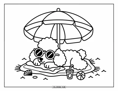 Desen de colorat cu pudeli pentru adulți: Un pudel relaxat ațipește sub o umbrelă cu ochelari de soare, o băutură și detalii de plajă