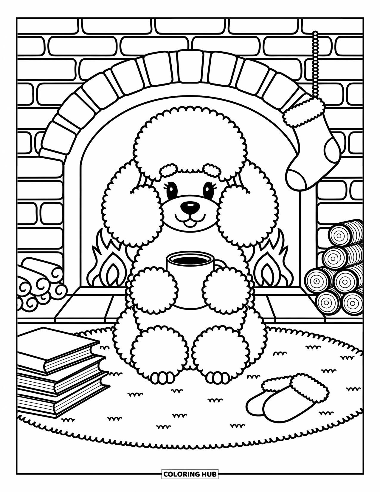 Poodle Coloring Page for Adults: A cozy poodle sits by the fireplace with a warm mug and tiny holiday decorations