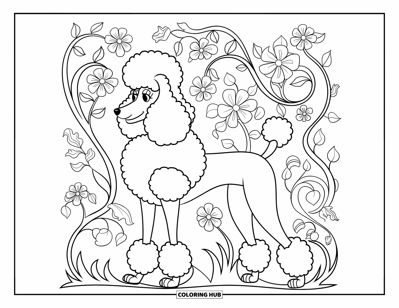 Poodle Coloring Page for Adults: A curly poodle stands on grass surrounded by intricate flowers and vine patterns
