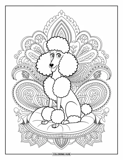 Desen de colorat cu pudeli pentru adulți: Un pudel elegant stă înalt pe o pernă cu modele paisley în spirală în jur