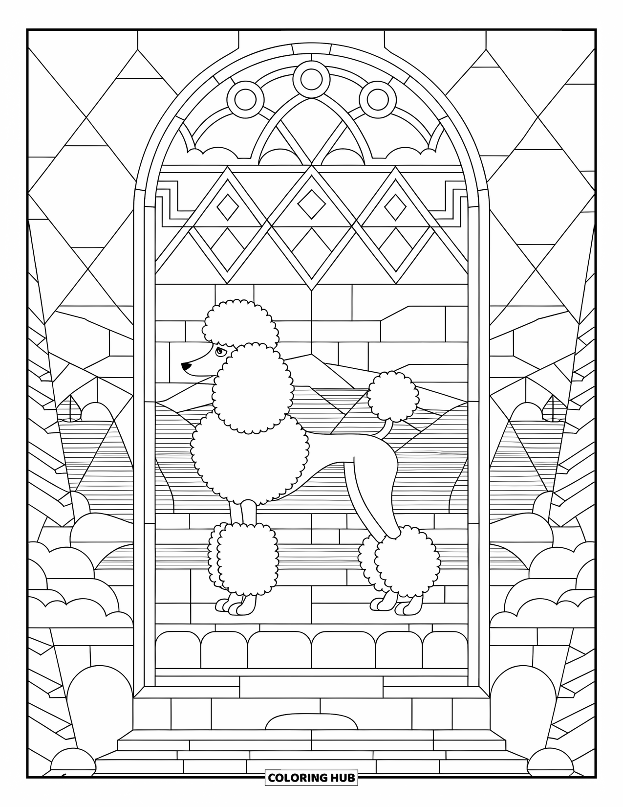Poodle Coloring Page for Adults: A fluffy poodle stands proudly in front of a stained glass and mountain view