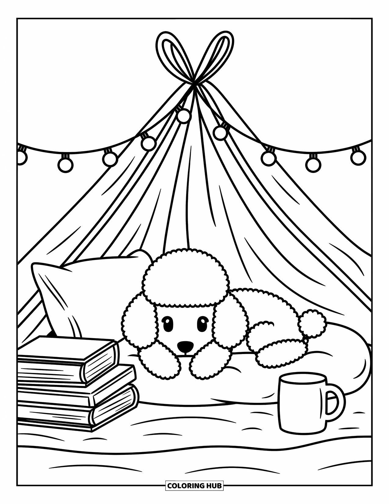 Poodle Coloring Page for Adults: A peaceful poodle rests in a pillow fort with soft lights, books, and a warm drink