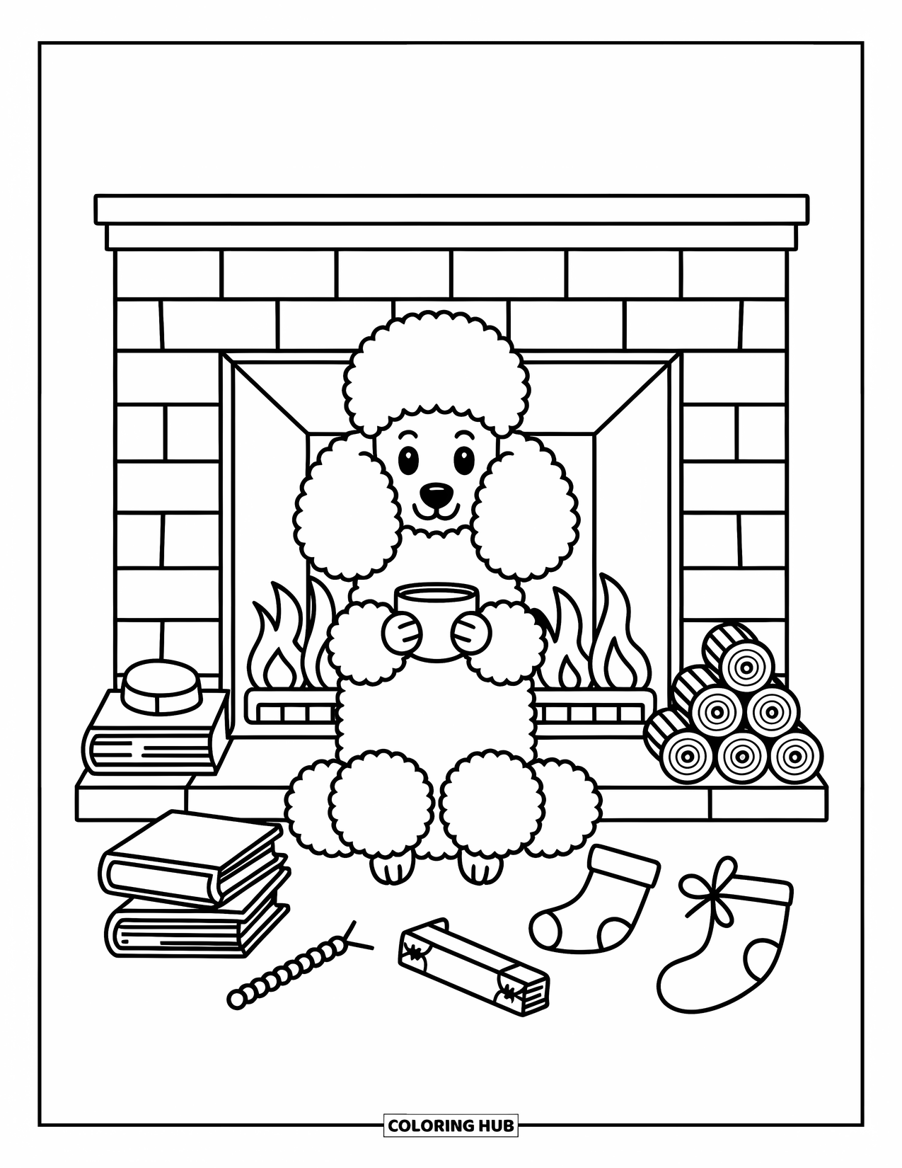 Poodle Coloring Page for Adults: A poodle holds a mug near a fireplace, surrounded by books, mittens, and cozy touches