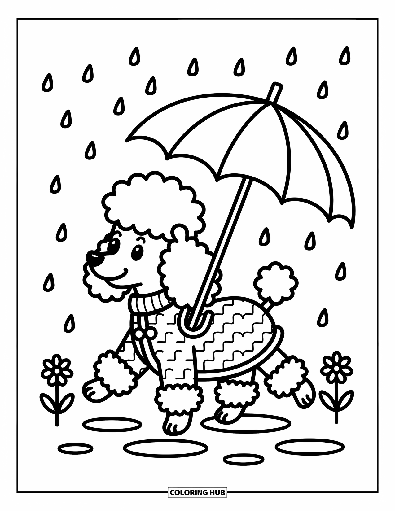 Poodle Coloring Page for Adults: A poodle in a raincoat holds an umbrella while stepping through puddles and tiny flowers