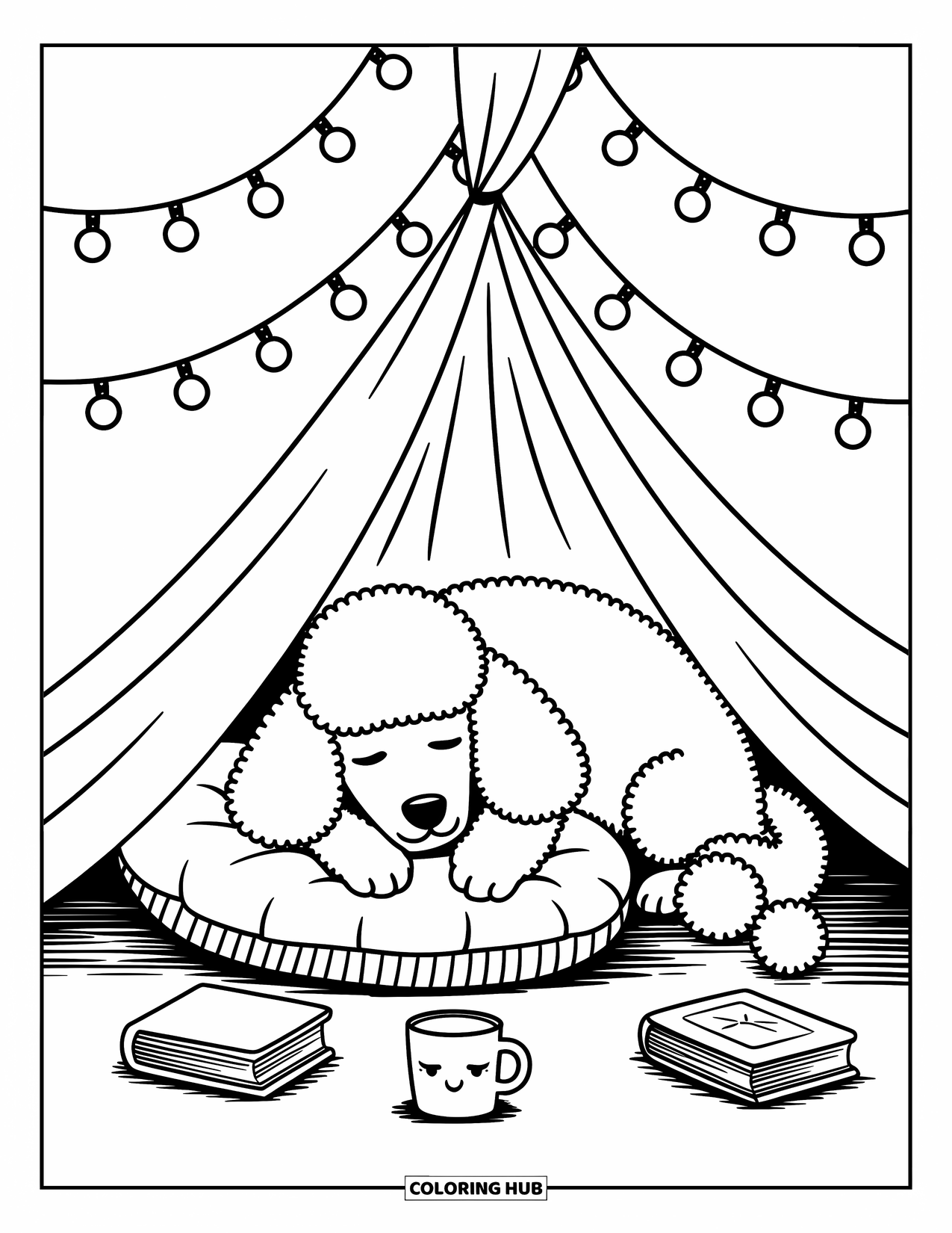 Poodle Coloring Page for Adults: A poodle naps happily in a cozy blanket fort, surrounded by books and twinkly lights