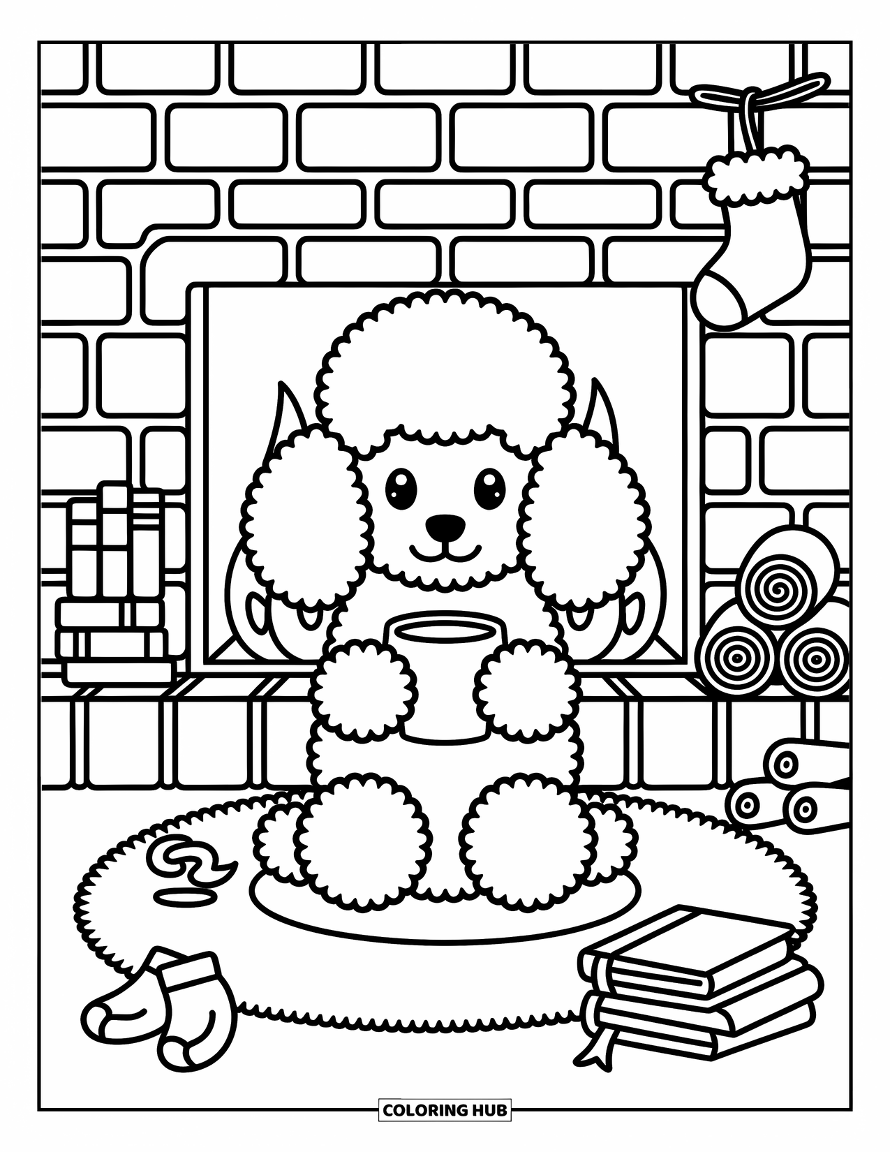 Poodle Coloring Page for Adults: A poodle relaxes near a glowing fireplace with books, mittens, and a festive stocking