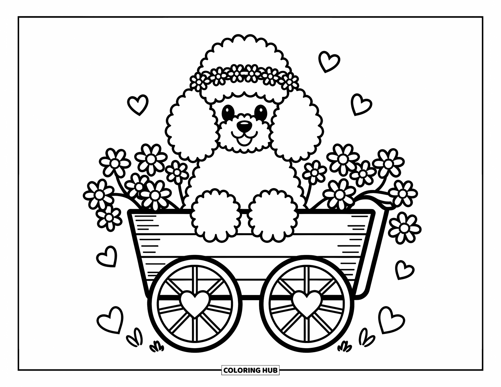 Poodle Coloring Page for Adults: A poodle rests its paws on a cart edge, surrounded by cheerful flowers and falling petals
