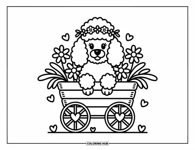 Desen de colorat cu pudeli pentru adulți: Un pudel stă într-un cărucior plin de flori cu o coroniță florală și roți în formă de inimă