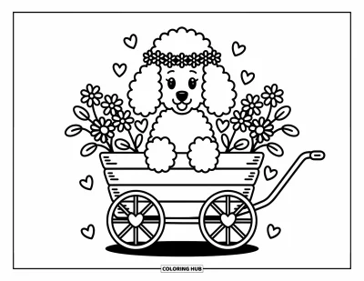 Desen de colorat cu pudeli pentru adulți: Un pudel stă într-un cărucior din lemn cu flori și inimi, purtând o coroniță florală fantezistă