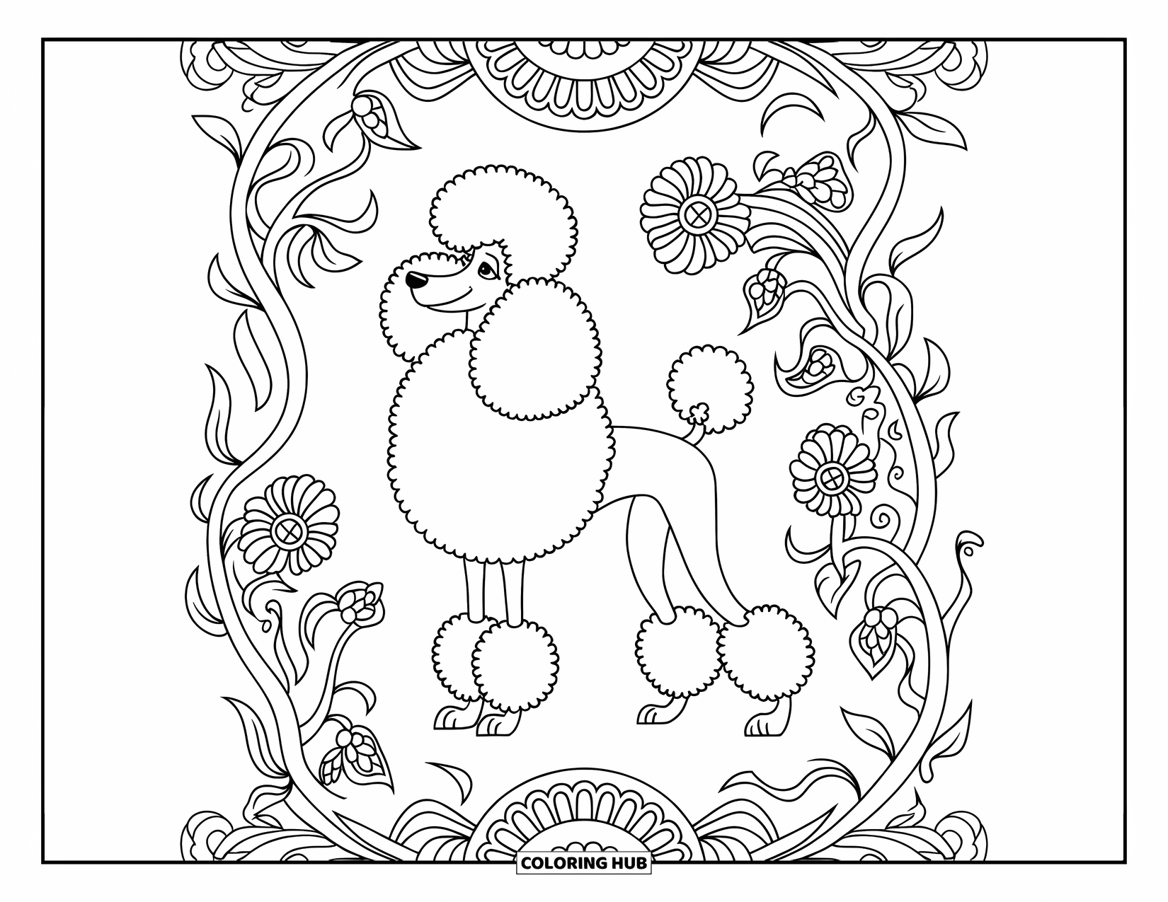 Poodle Coloring Page for Adults: A poodle stands gracefully among swirling vines and blooming flowers