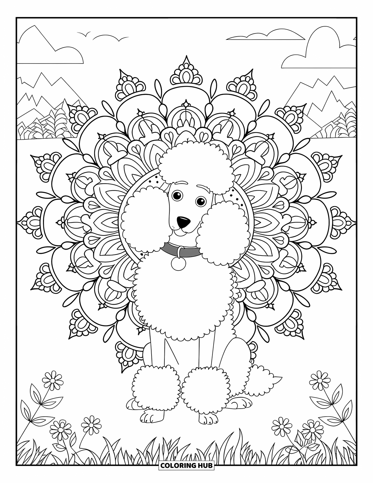 Poodle Coloring Page for Adults: A poodle with a collar sits peacefully in a mandala and mountain setting